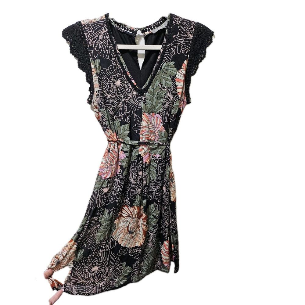 Daniel Rainn Floral Print Dress with Crochet Sleeves